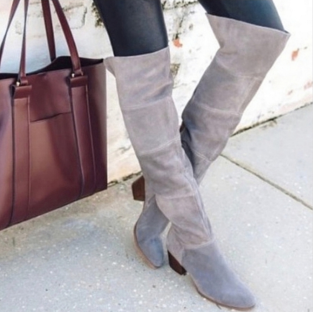 Sole Society Taupe Boots 7 Suede Over the Knee Boho Block Heel Tall Quiet Luxury